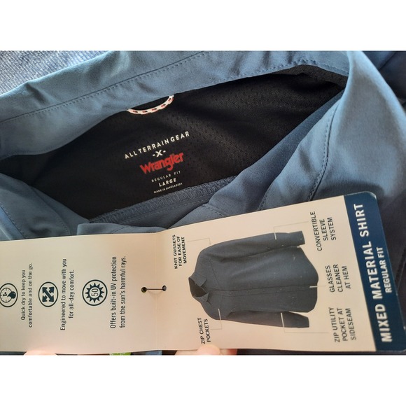 Wrangler Men ATG Mixed Material Vent Shirt StormCloud UV Protection Large NWT - Picture 3 of 9